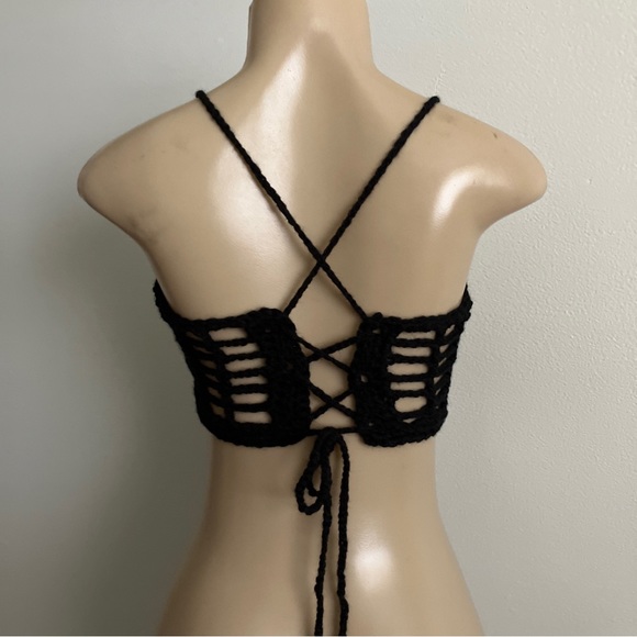 Summer Crochet Tank Crop Top Sunflower Granny Squares M Black Sexy Bralette NEW - Picture 3 of 7